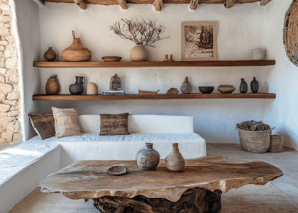 Interior design of a rustic traditional finca house featuring wood furniture, a white sofa, and a large tree trunk coffee table, with wall shelves displaying vases and art objects, bathed in natural light and showcasing warm earthy tones, woven blankets, and intricate embroidery for a cozy minimalist atmosphere.