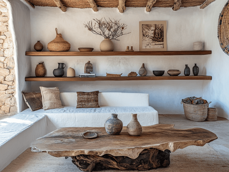 Interior design of a rustic traditional finca house featuring wood furniture, a white sofa, and a large tree trunk coffee table, with wall shelves displaying vases and art objects, bathed in natural light and showcasing warm earthy tones, woven blankets, and intricate embroidery for a cozy minimalist atmosphere.