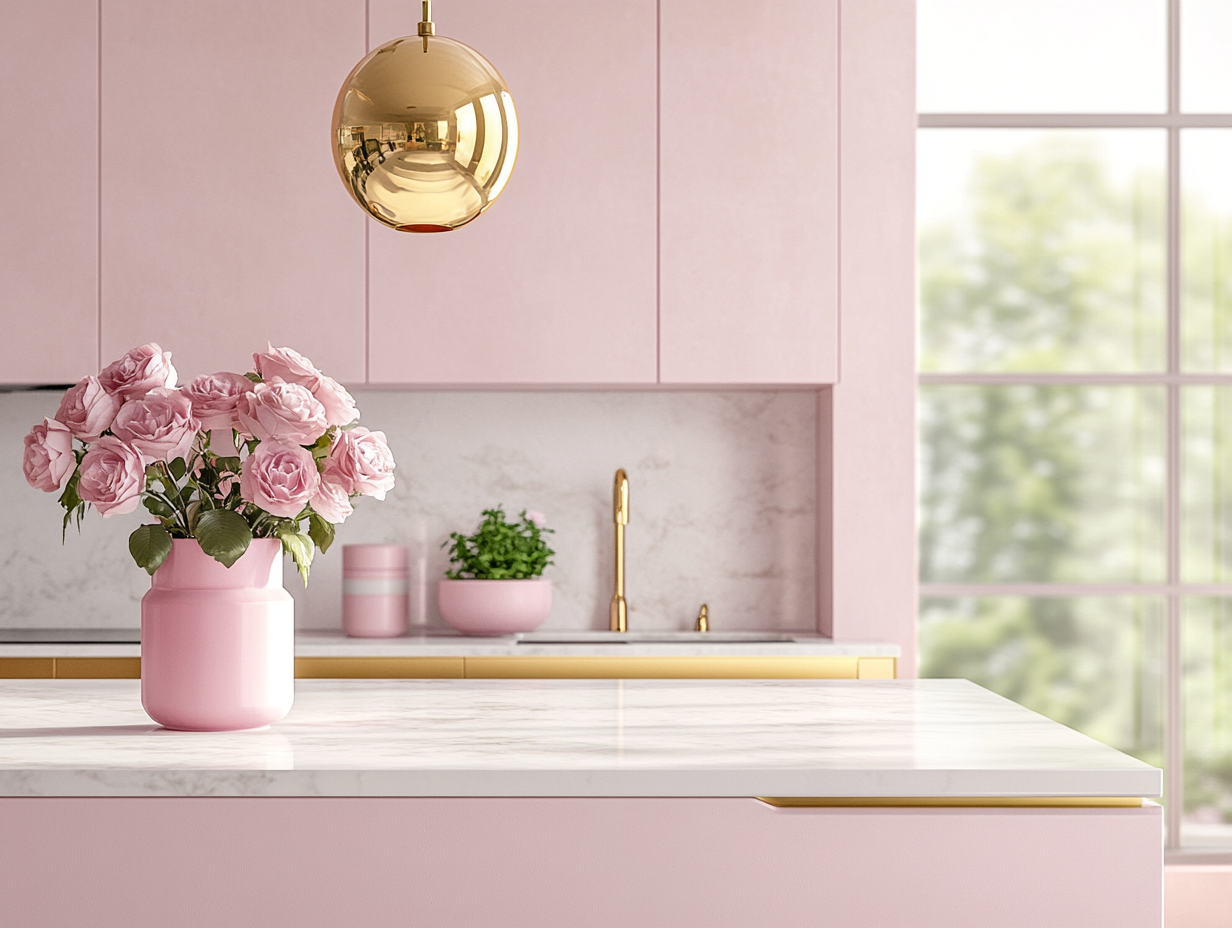 Pastel pink and gold kitchen featuring a marble white countertop and sink, a window with modern interior design, gold pendant light, pink pot on the countertop, and a vase of pink roses on the island table, captured in high resolution with hyper-realistic lighting.