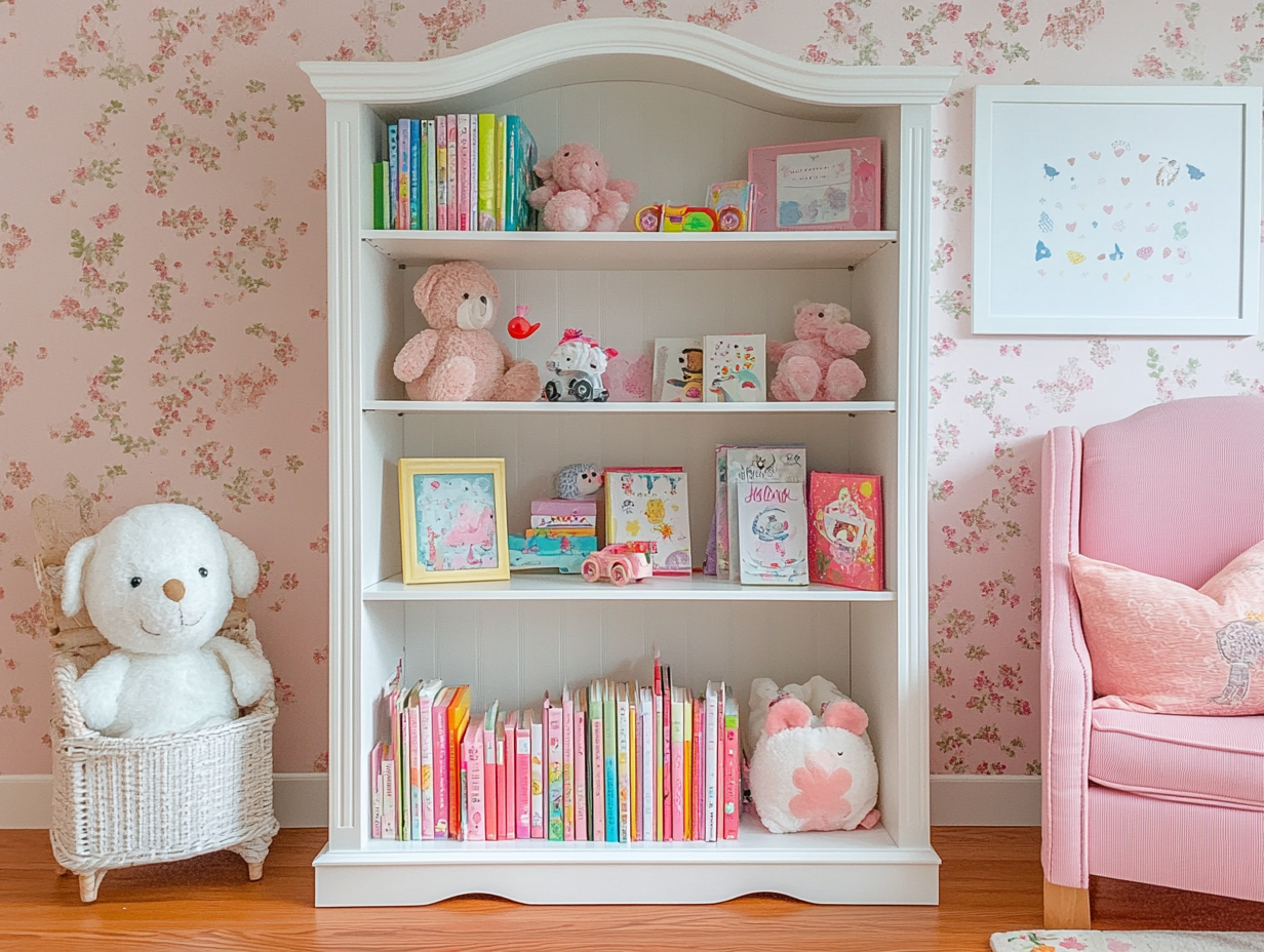 A pink and white bookcase in an American girl's nursery filled with colorful children's books and plush toys, surrounded by soft pastel colors, floral wallpaper, and wooden floors, with a cute reading chair and natural light creating a warm, inviting atmosphere.