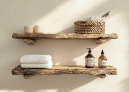 Rustic wooden shelf with two rope shelves displaying bathroom products like soap and towels, set against an off-white wall illuminated by morning light, creating a warm spa-like atmosphere.