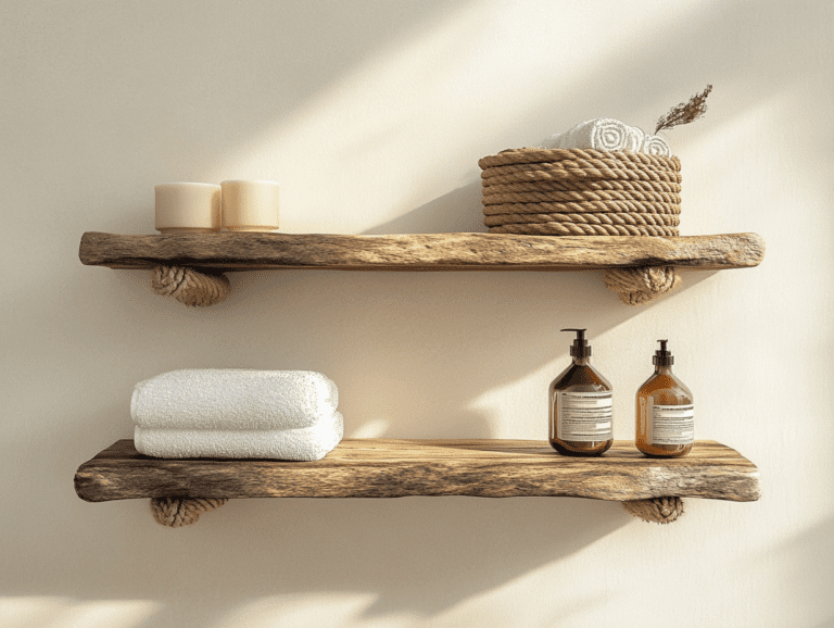 Rustic wooden shelf with two rope shelves displaying bathroom products like soap and towels, set against an off-white wall illuminated by morning light, creating a warm spa-like atmosphere.