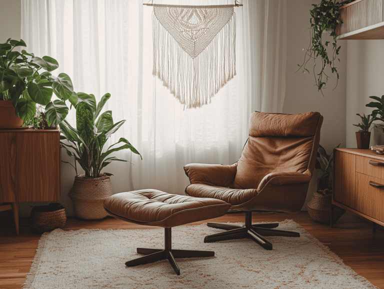 Rustic brown leather armchair and ottoman in earthy-toned room, featuring macramé wall hanging, wooden furniture, large window with white curtains, and decorative plants.