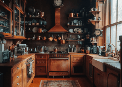 Rustic kitchen featuring copper appliances, vintage glass shelves stocked with pots and pans, warm wooden cabinets, dark brown walls, soft natural light from a window, Victorian-style rug on the floor, and an antique clock above a counter.