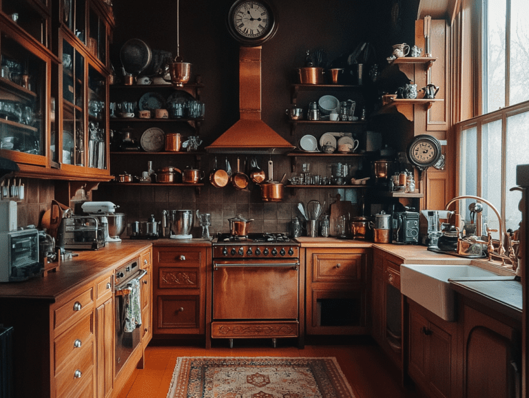 Rustic kitchen featuring copper appliances, vintage glass shelves stocked with pots and pans, warm wooden cabinets, dark brown walls, soft natural light from a window, Victorian-style rug on the floor, and an antique clock above a counter.