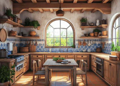 Rustic kitchen interior design featuring wood and stone elements, blue and white tiled walls, a central wooden table with chairs, shelves with hanging pots and utensils, side tables with plants, grey walls, arched windows, wooden beams, and a high ceiling illuminated by natural light, rendered in ultra-realistic style.