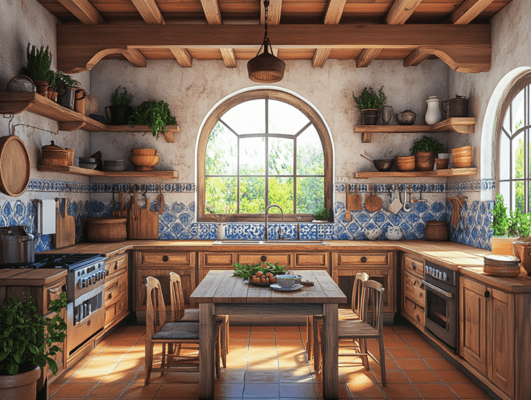 Rustic kitchen interior design featuring wood and stone elements, blue and white tiled walls, a central wooden table with chairs, shelves with hanging pots and utensils, side tables with plants, grey walls, arched windows, wooden beams, and a high ceiling illuminated by natural light, rendered in ultra-realistic style.