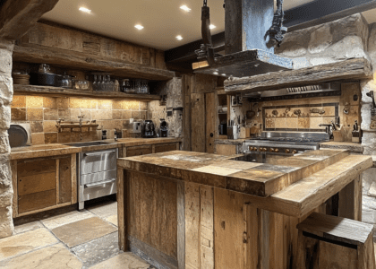 Rustic stone kitchen with natural wood accents and an island, featuring warm lighting, earthy color palettes, high-end appliances, hand-painted tiles, and rustic cabinetry, creating an inviting atmosphere for cozy cooking spaces and culinary adventures in the wilderness.