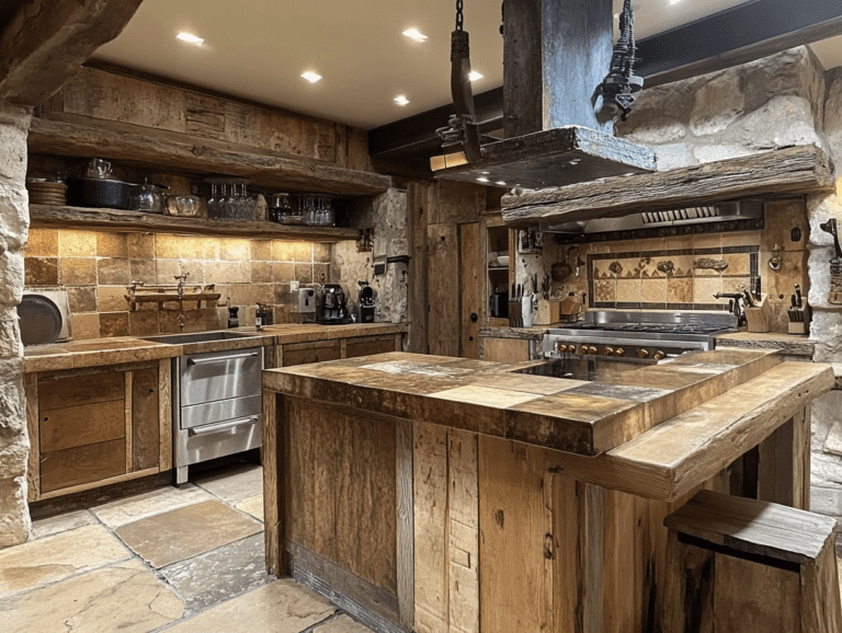 Rustic stone kitchen with natural wood accents and an island, featuring warm lighting, earthy color palettes, high-end appliances, hand-painted tiles, and rustic cabinetry, creating an inviting atmosphere for cozy cooking spaces and culinary adventures in the wilderness.