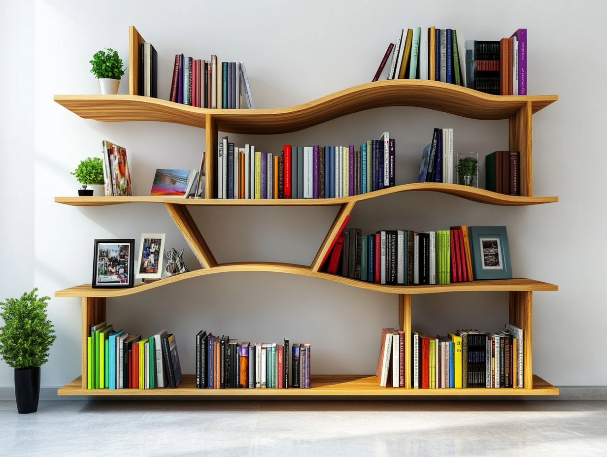 "S-shaped wooden bookshelf against a white wall, featuring a variety of colorful books, picture frames, and plants, embodying a modern and minimalistic aesthetic."