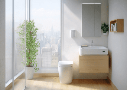 Small modern bathroom with white walls, light wood floor, wall-mounted sink under a mirror cabinet, open toilet, and frosted glass door with a city view. A small plant adds greenery between the fixtures.