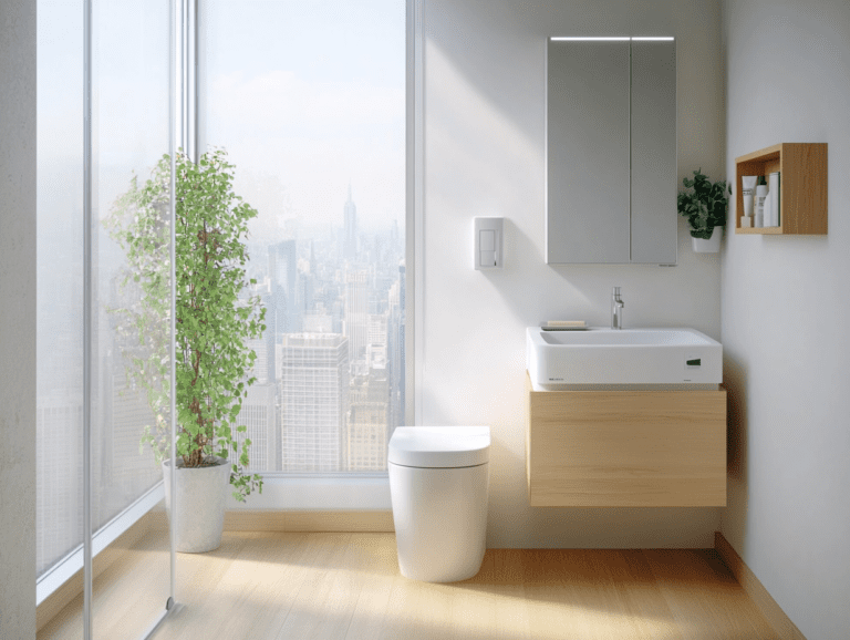 Small modern bathroom with white walls, light wood floor, wall-mounted sink under a mirror cabinet, open toilet, and frosted glass door with a city view. A small plant adds greenery between the fixtures.