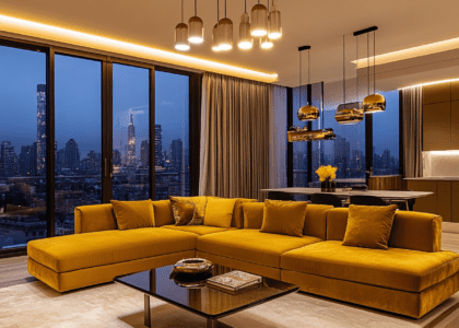 Spacious living room featuring an L-shaped mustard yellow velvet sofa, modern pendant lights, sleek glass coffee tables, and floor-to-ceiling windows showcasing a city skyline at night, with a contemporary luxury design highlighted by a neutral color palette and warm ambient lighting.