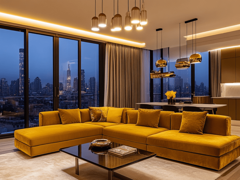 Spacious living room featuring an L-shaped mustard yellow velvet sofa, modern pendant lights, sleek glass coffee tables, and floor-to-ceiling windows showcasing a city skyline at night, with a contemporary luxury design highlighted by a neutral color palette and warm ambient lighting.