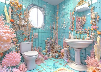 Surreal dreamy bathroom adorned with coral, sea anemones, and seashells, featuring turquoise tiles and hyper-realistic water, pastel colors, a stylish sink and toilet bowl, a mirror reflecting pop culture elements, surrounded by a white porcelain comforter, showcasing maximalist psychedelic art and hyper-detailed fairy tale illustrations.