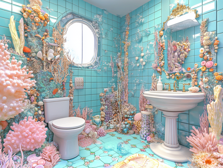 Surreal dreamy bathroom adorned with coral, sea anemones, and seashells, featuring turquoise tiles and hyper-realistic water, pastel colors, a stylish sink and toilet bowl, a mirror reflecting pop culture elements, surrounded by a white porcelain comforter, showcasing maximalist psychedelic art and hyper-detailed fairy tale illustrations.