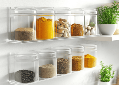 Aesthetic kitchen wall featuring organized transparent acrylic shelves displaying clear glass jars filled with spices like turmeric powder, garlic powder, black pepper, ginger, paprika, thyme, bay leaves, coriander seeds, fennel seeds, and cumin, all labeled in English for modern appeal.