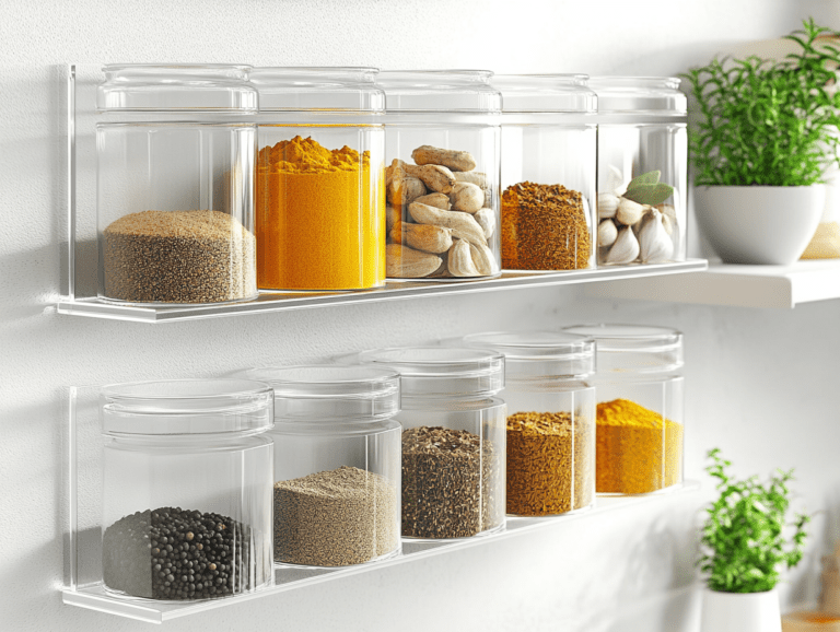 Aesthetic kitchen wall featuring organized transparent acrylic shelves displaying clear glass jars filled with spices like turmeric powder, garlic powder, black pepper, ginger, paprika, thyme, bay leaves, coriander seeds, fennel seeds, and cumin, all labeled in English for modern appeal.