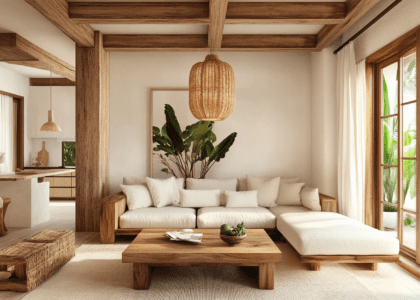 Alt text: "Bohemian living room featuring a white sofa with wooden legs, a wooden coffee table, white walls, palm tree-shaped lighting, a rattan pendant light, and white linen cushions in a tropical decor style."