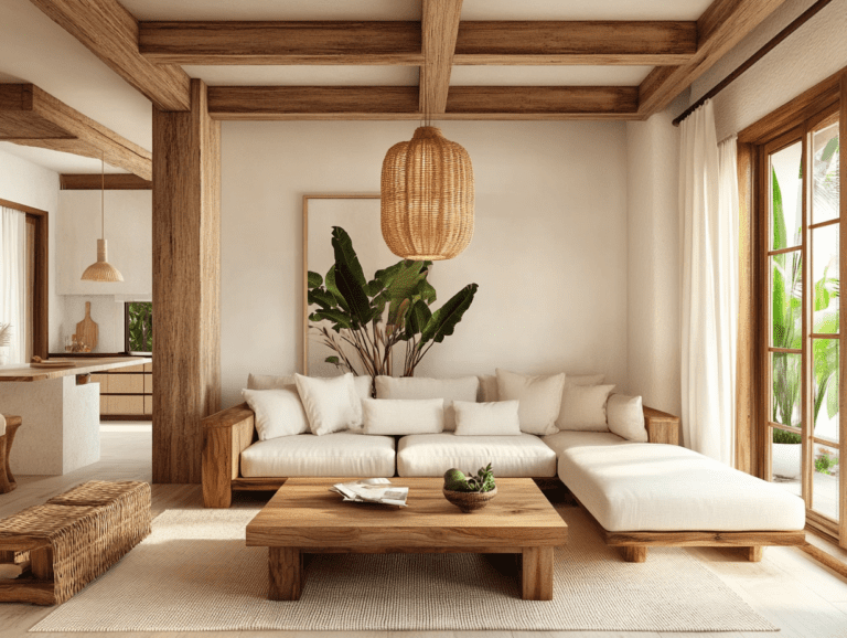 Alt text: "Bohemian living room featuring a white sofa with wooden legs, a wooden coffee table, white walls, palm tree-shaped lighting, a rattan pendant light, and white linen cushions in a tropical decor style."