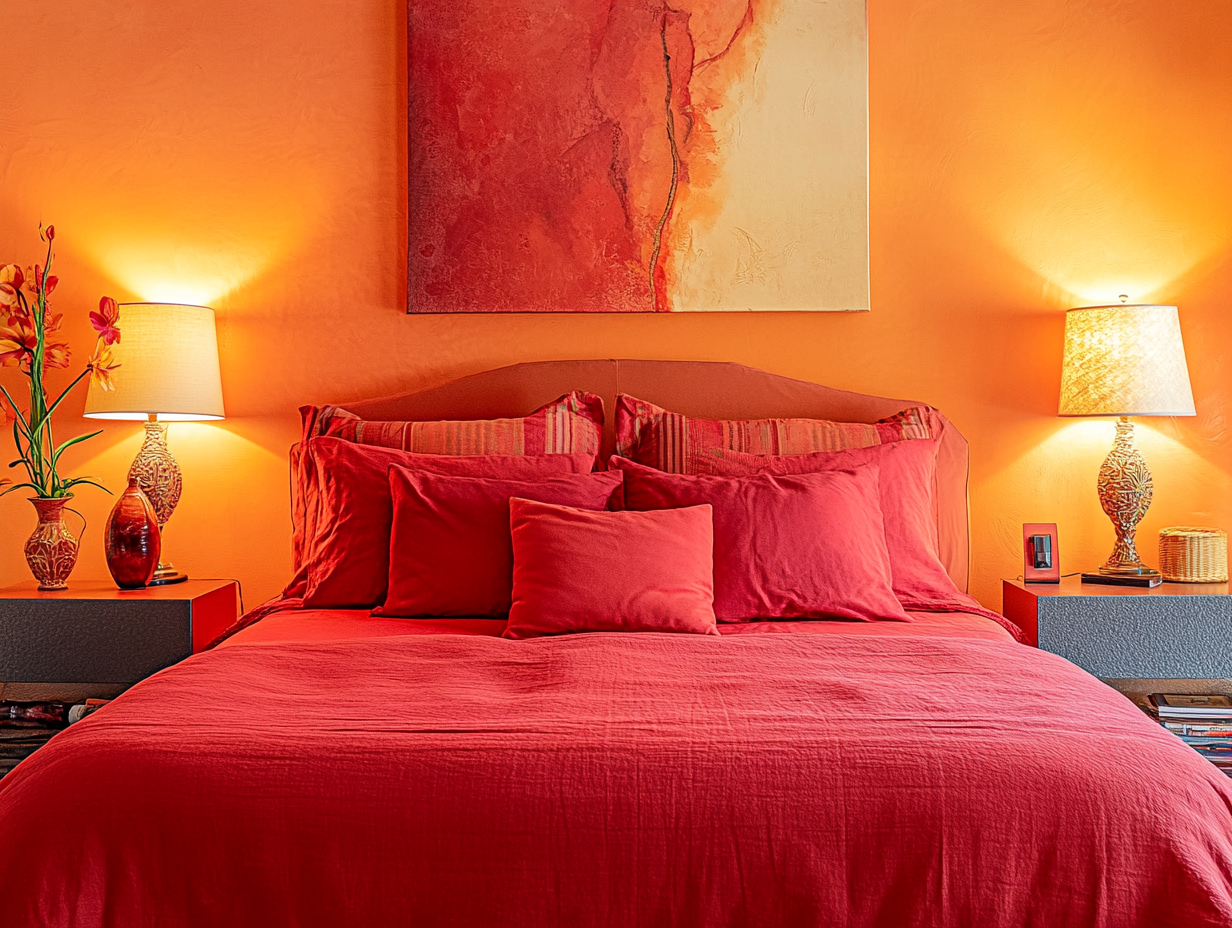 Vibrant bedroom featuring bold orange walls, red bed sheets, and an abstract painting, with warm lighting from bedside lamps, a comfortable bed adorned with scarlet linens and soft pillows, complemented by decorative vases and books, creating a lively and relaxing atmosphere - high-resolution 20-megapixel photograph.