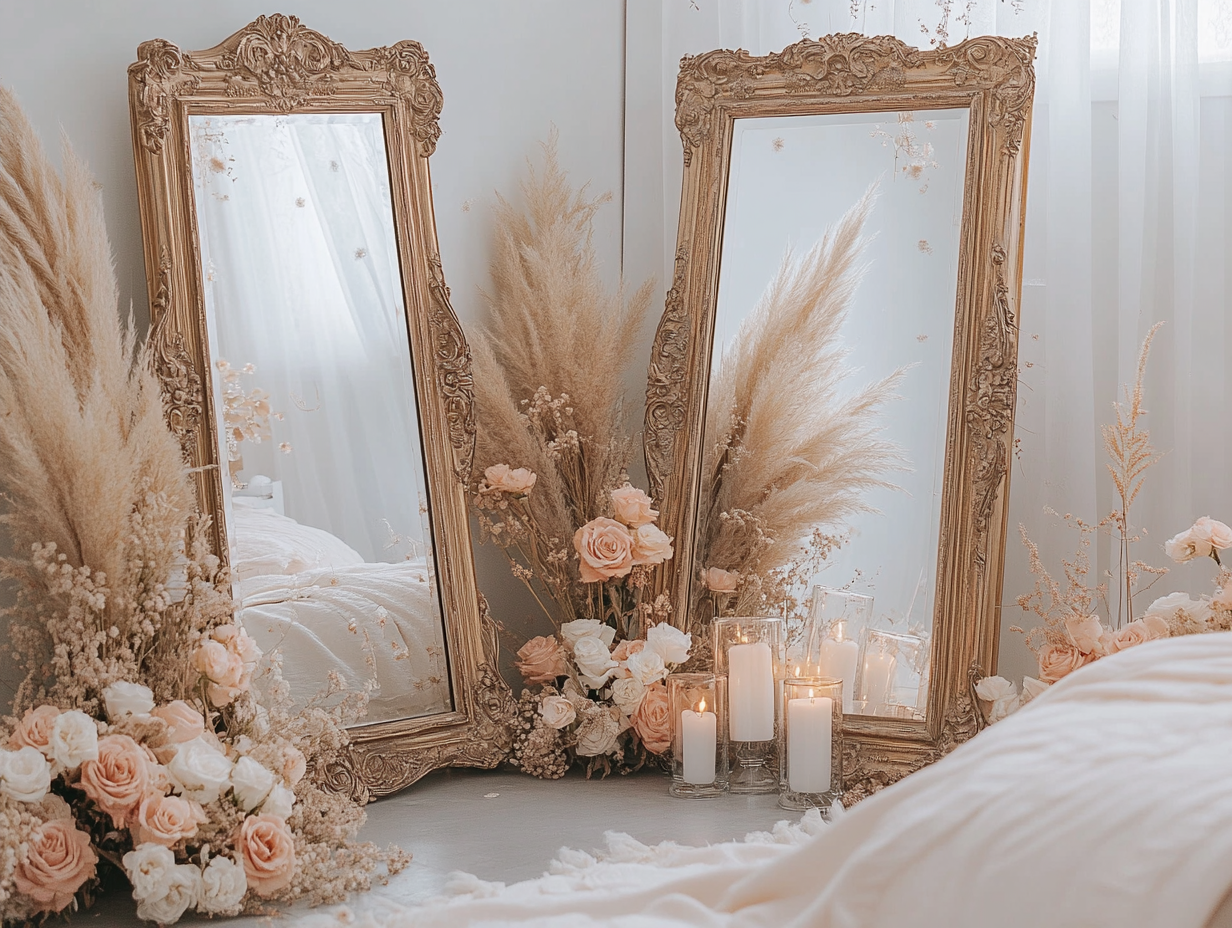 "Elegant white bed adorned with soft pink and cream flowers, pampas grass, candles, and fairy lights, with two large vintage ornate mirrors leaning against each other on the floor, creating a dreamy boho-inspired aesthetic."