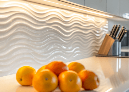 Close-up of a white glass kitchen backsplash with a wavy pattern, highlighting intricate details and textures, complemented by stainless steel appliances and fresh fruit in the foreground, creating an elegant cooking and socializing atmosphere.