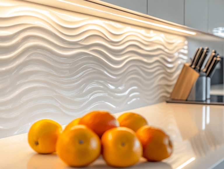 Close-up of a white glass kitchen backsplash with a wavy pattern, highlighting intricate details and textures, complemented by stainless steel appliances and fresh fruit in the foreground, creating an elegant cooking and socializing atmosphere.