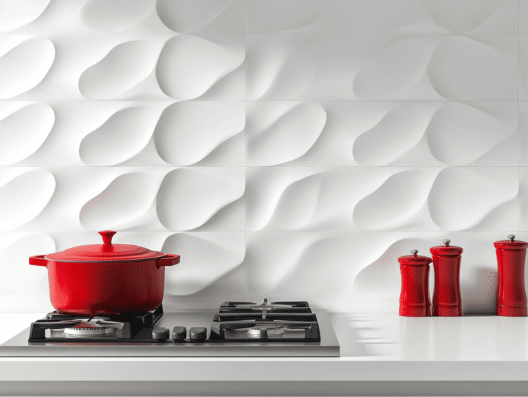 Alt text: "White kitchen featuring a red pot and pan on the stovetop, with a three-dimensional organic-shaped wall panel backsplash, designed for home interior inspiration."