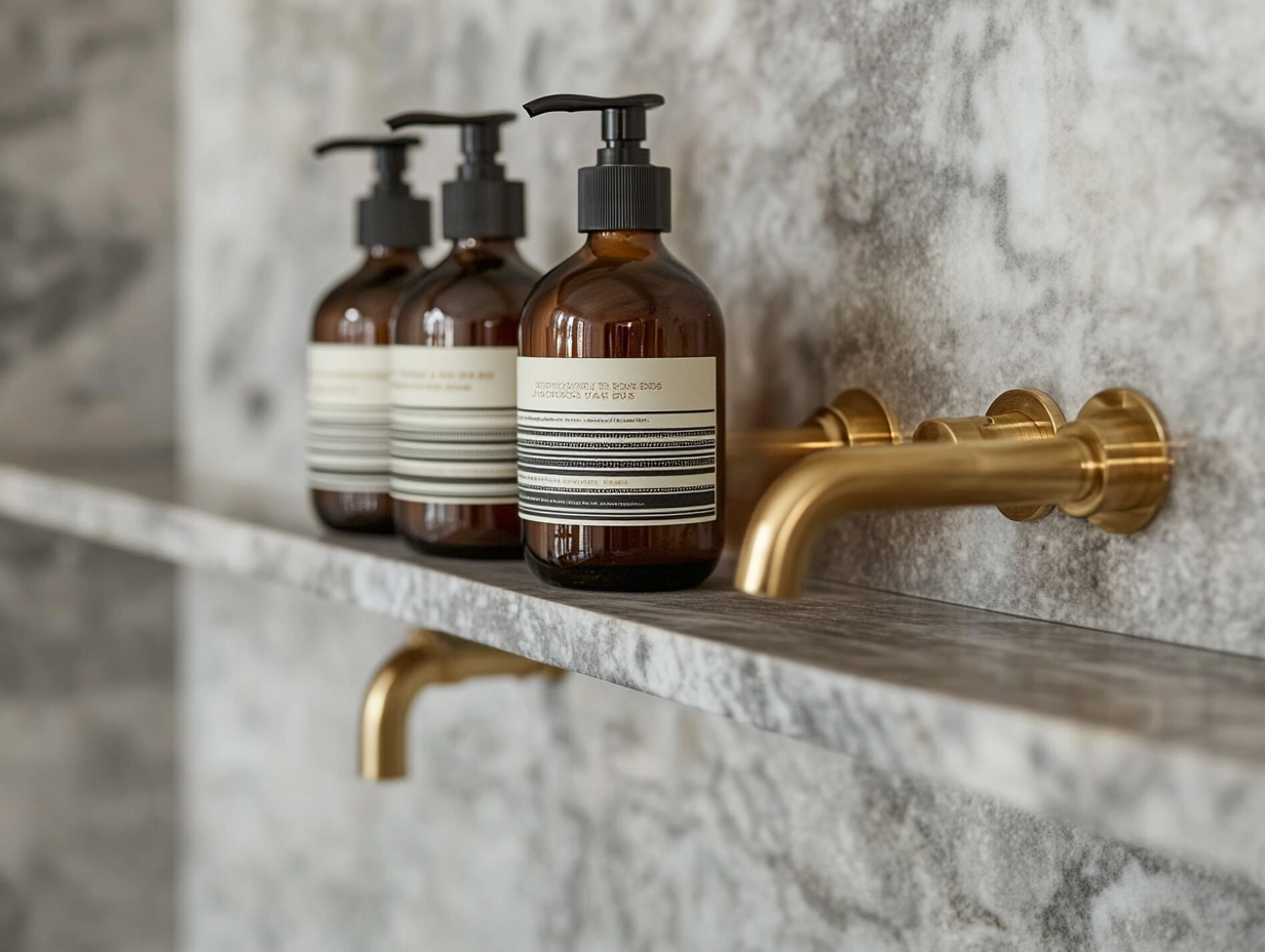 Close-up of Aesop dark brown glass bottles on floating shelves with brass hardware and textured gray marble walls in an industrial-style bathroom, featuring a golden metal faucet with two spigots, showcasing the elegance of natural beauty products in a modern urban space.