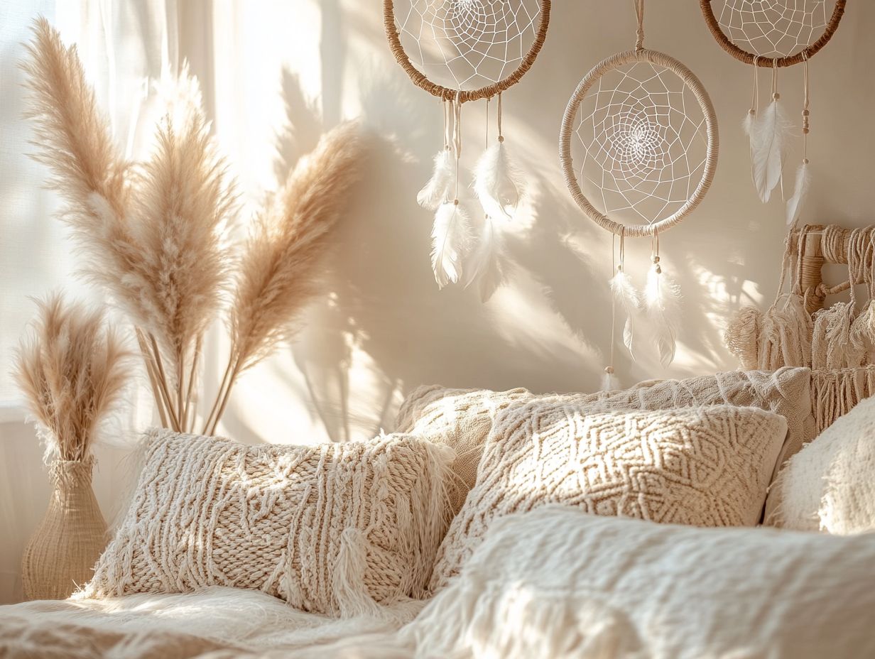 Aesthetic boho bedroom featuring dreamcatchers on the wall, soft sunlight pouring through the window, a warm beige and white bed, and pampas grass vases with feathers; close-up highlighting textured pillows and woven details for a serene relaxation atmosphere.