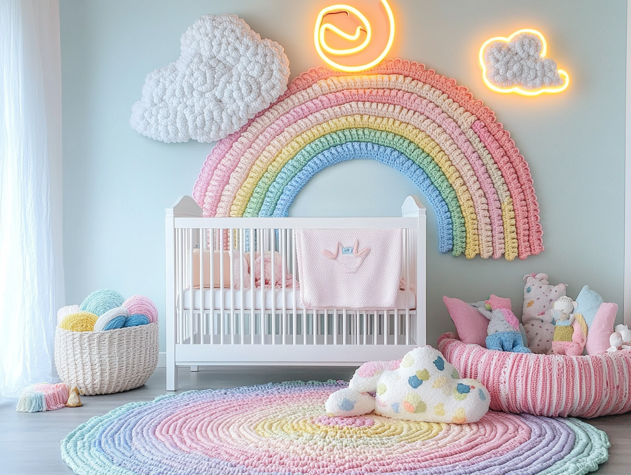 "Baby nursery with pastel rainbow crochet wall art, featuring soft-colored rainbows and clouds. A white crib surrounded by colorful crocheted blankets and pillows, with a round yarn rug on the floor and a large neon cloud sign above, creating a whimsical and playful atmosphere."