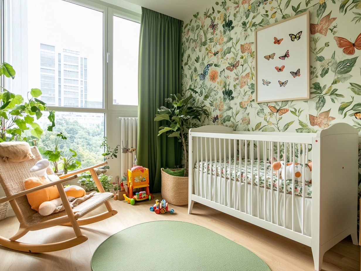 Interior design photography of a Scandinavian baby nursery featuring green floral wallpaper with butterflies and leaves, a white crib, wooden rocking chair, light wood floors, a large sunlit window, green carpet, plush rug in front of wall art, numerous indoor plants, and scattered children's toys.