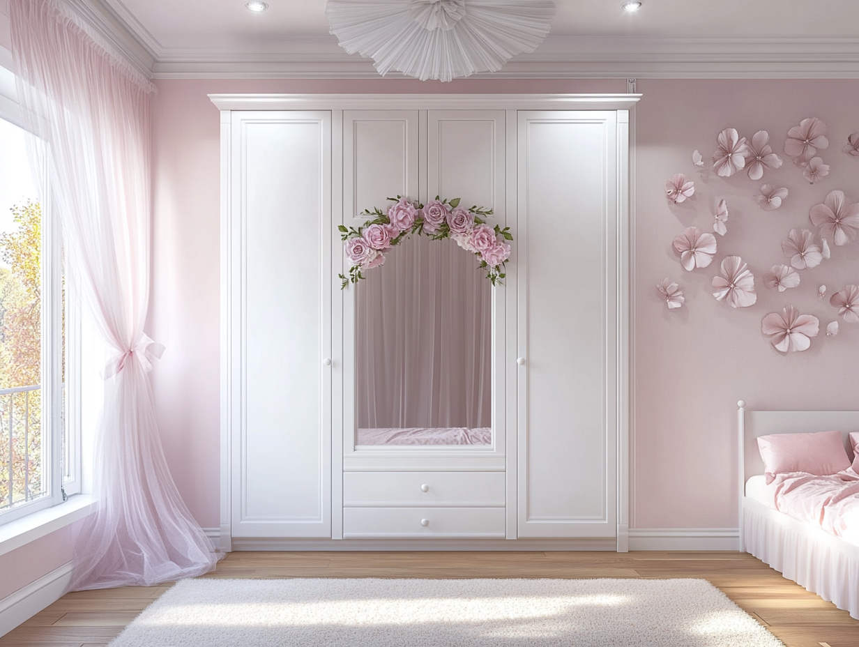 "Children's ballerina bedroom decor featuring a large white wardrobe with pink tulle and pastel flowers, a large mirror, a children's bed under the window, and a fluffy light-colored carpet on wooden flooring, designed for girls aged five years old with pink walls, captured in hyperrealistic photography."