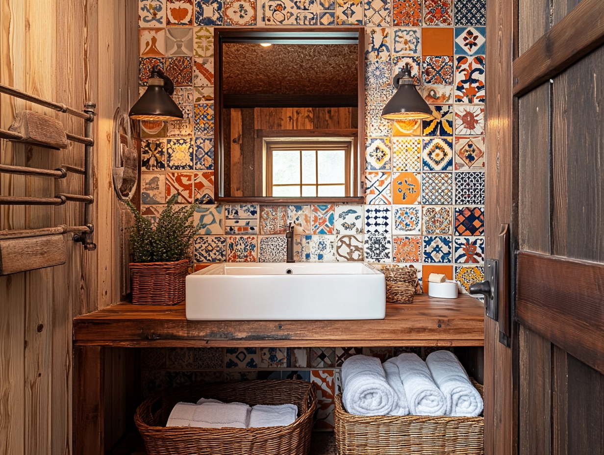 Artistic bathroom wall featuring colorful Mexican tile pattern, warm wood vanity and walls, illuminated by natural light, white sink atop wooden cabinet with mirror, surrounded by towels and baskets in front of cabin-style sliding doors.