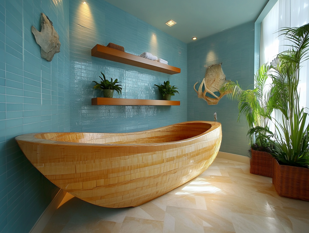 Oversized wooden surfboard-shaped bathtub in a coastal-themed bathroom with light blue walls and decorative shelf, creating a fun beach paradise atmosphere for surf lovers.