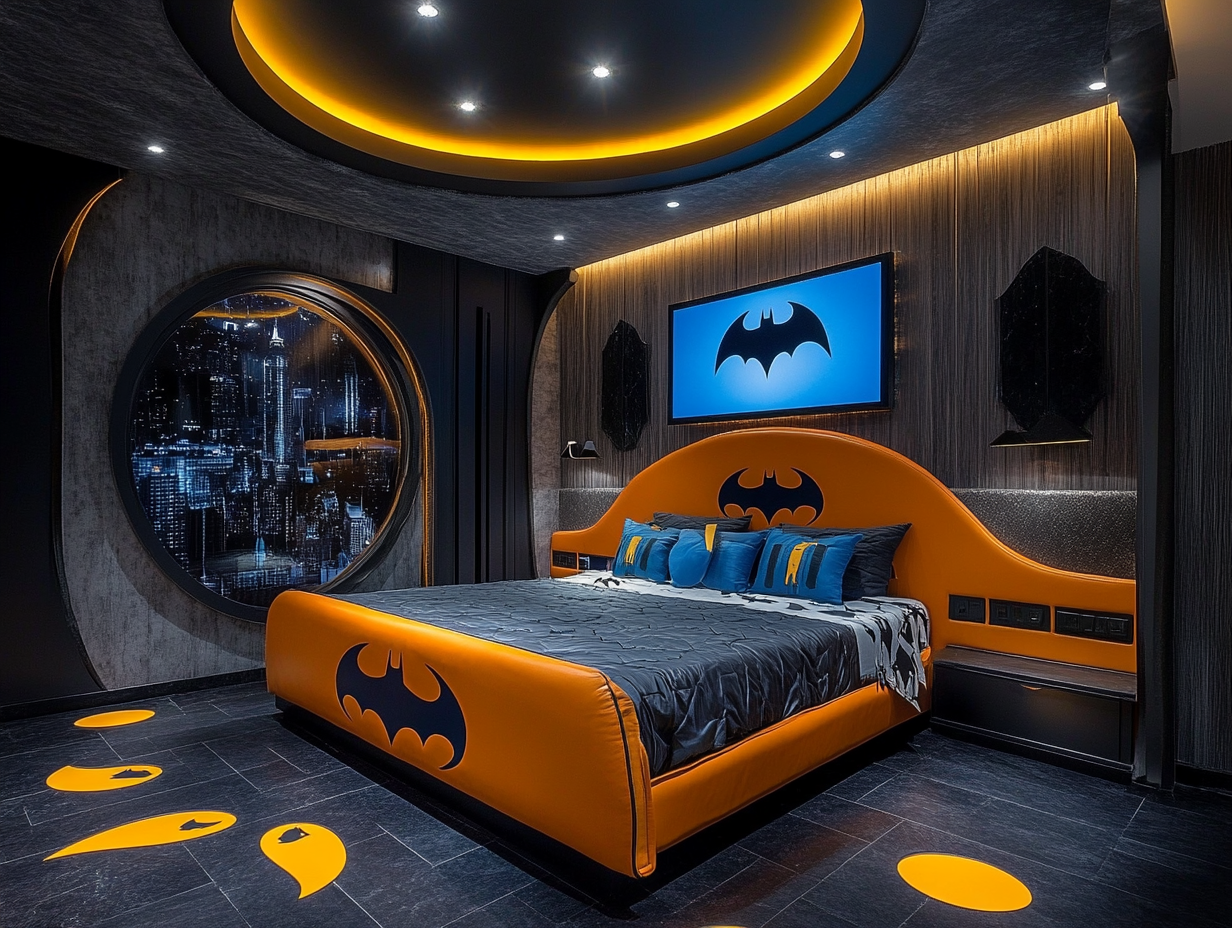 "Batman-themed bedroom with orange leather bed featuring bat symbol patterns, dark walls with Gotham City shadows, black floor tiles with circle-shaped bat graphics, yellow ceiling lights, and a large LED screen showcasing iconic Dark Knight designs."