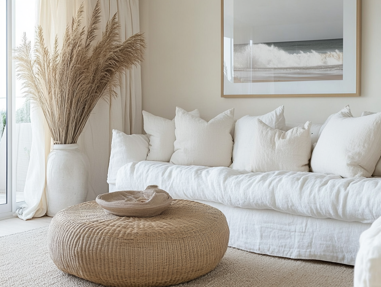 Coastal living room in a beach house featuring light neutral colors, white linen furniture, a cream-covered sofa, a wicker coffee table on beige carpeting, framed wave print, and pampas grass vases for a relaxed chic atmosphere.