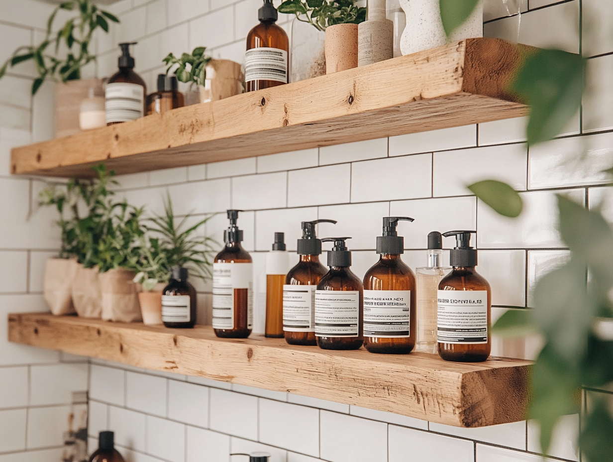 Beautiful wooden floating shelves in a bathroom with white tiled walls and floor, displaying personal care products like body lotion and soap bottles, and adorned with small decorative plants, enhancing the neutral color scheme.