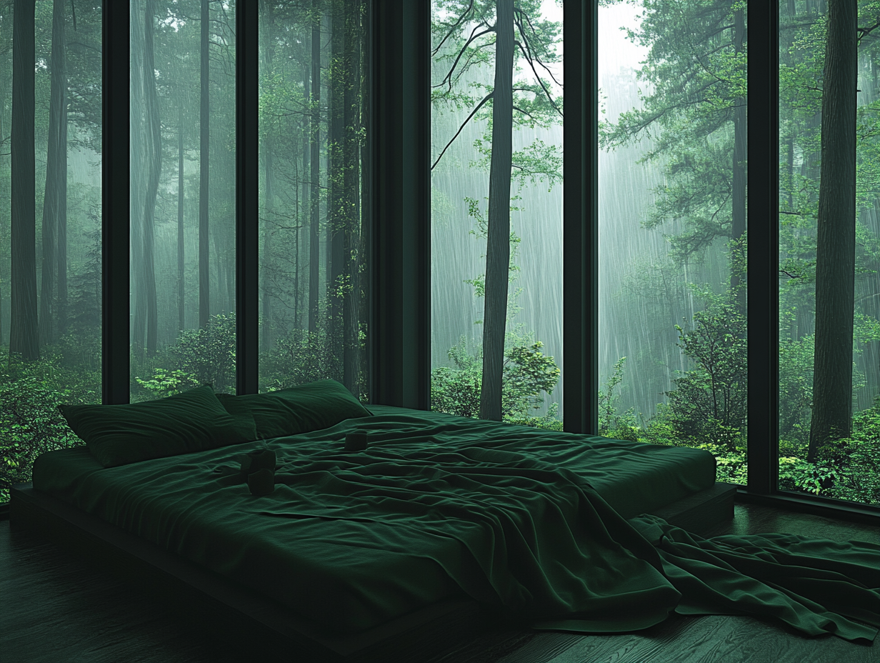 "Bed in a forest cabin with floor-to-ceiling windows, dark green sheets, and rain outside, showcasing a dark and mysterious atmosphere with natural light, cinematic texture, and hyper-realistic interior design in a moody photography style."