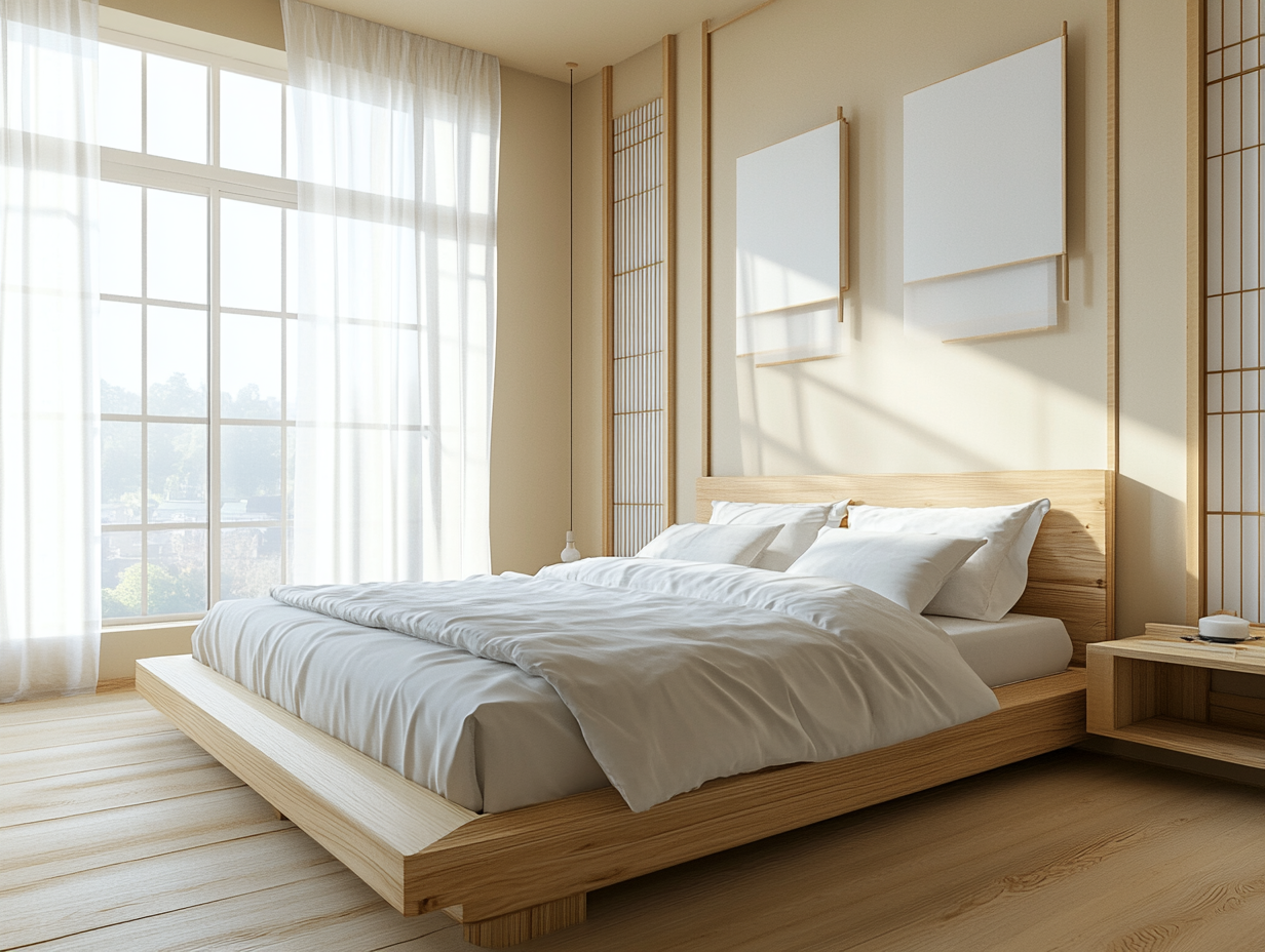 "Japanese minimalist bedroom with white sheer curtains, wooden bed, and bedside table, featuring beige walls, sliding doors, and natural light creating a serene atmosphere, enhancing tranquility and Japandi architecture style."