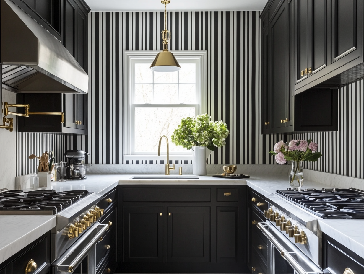 Modern kitchen featuring black cabinets, white marble countertop, and gold hardware, adorned with vertical striped wallpaper. Natural light illuminates the room through a window above the sink. Captured with a 20mm lens at f/8, showcasing luxurious farmhouse-style design in architectural digest style.