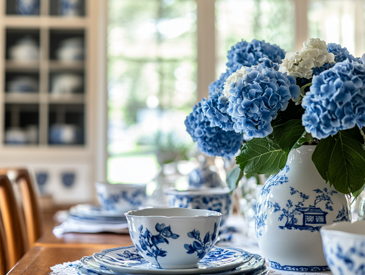 A beautifully arranged blue and white porcelain dining table set adorned with hydrangea flowers in an American-style country home, featuring large windows and glass cabinets filled with Chinoiserie-patterned china, captured in soft lighting with a shallow depth of field using a Canon EOS R5 camera, creating a cozy dining atmosphere.