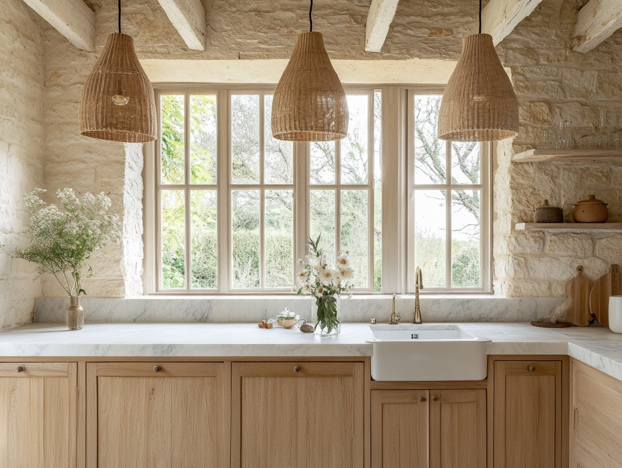 Boho-inspired rustic kitchen featuring white oak beams, light stone walls, large windows, marble worktops, wicker pendant lights, farmhouse-style sink, and wooden cabinets, highlighting earthy tones and natural lighting.