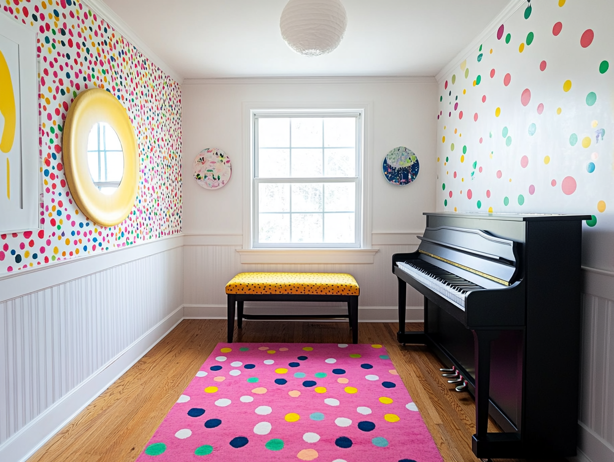 Bright room with white walls, black piano, colorful polka-dot rug, pink carpet, small bench, natural light from window, and vibrant wallpaper, creating a cheerful atmosphere.