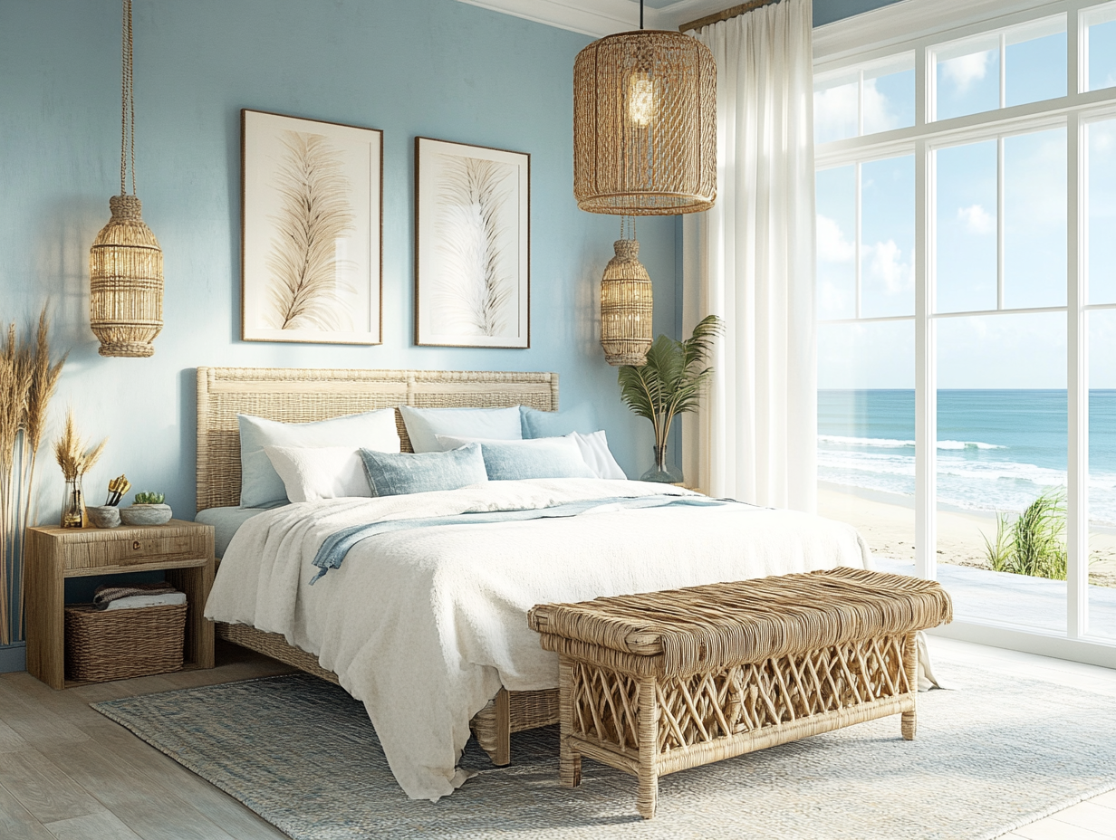 3D rendering of a coastal-themed master bedroom design mood board showcasing a pastel blue and beige color scheme, natural wood accents, rattan furniture, a wooden bench at the foot of the bed, wicker lamps, vintage wall art, and an expansive ocean view through a large window, creating a tranquil beach-style aesthetic with natural lighting and detailed textures.