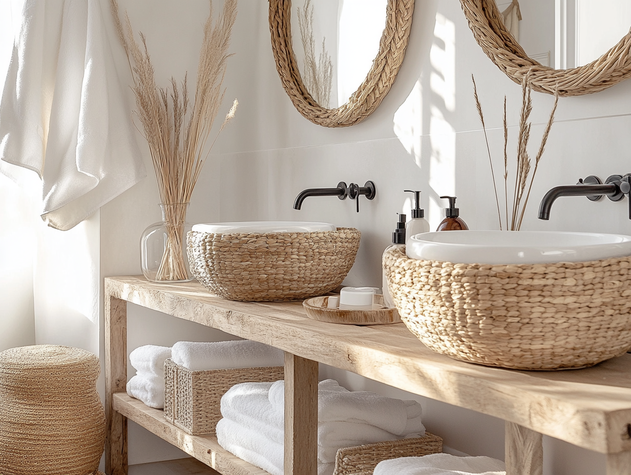 Cottage-style bathroom featuring white walls and wooden details, with straw baskets for bathroom products, round mirrors, and natural materials, creating a cozy boho interior design, captured in a wide-angle shot with professional color grading and soft shadows.