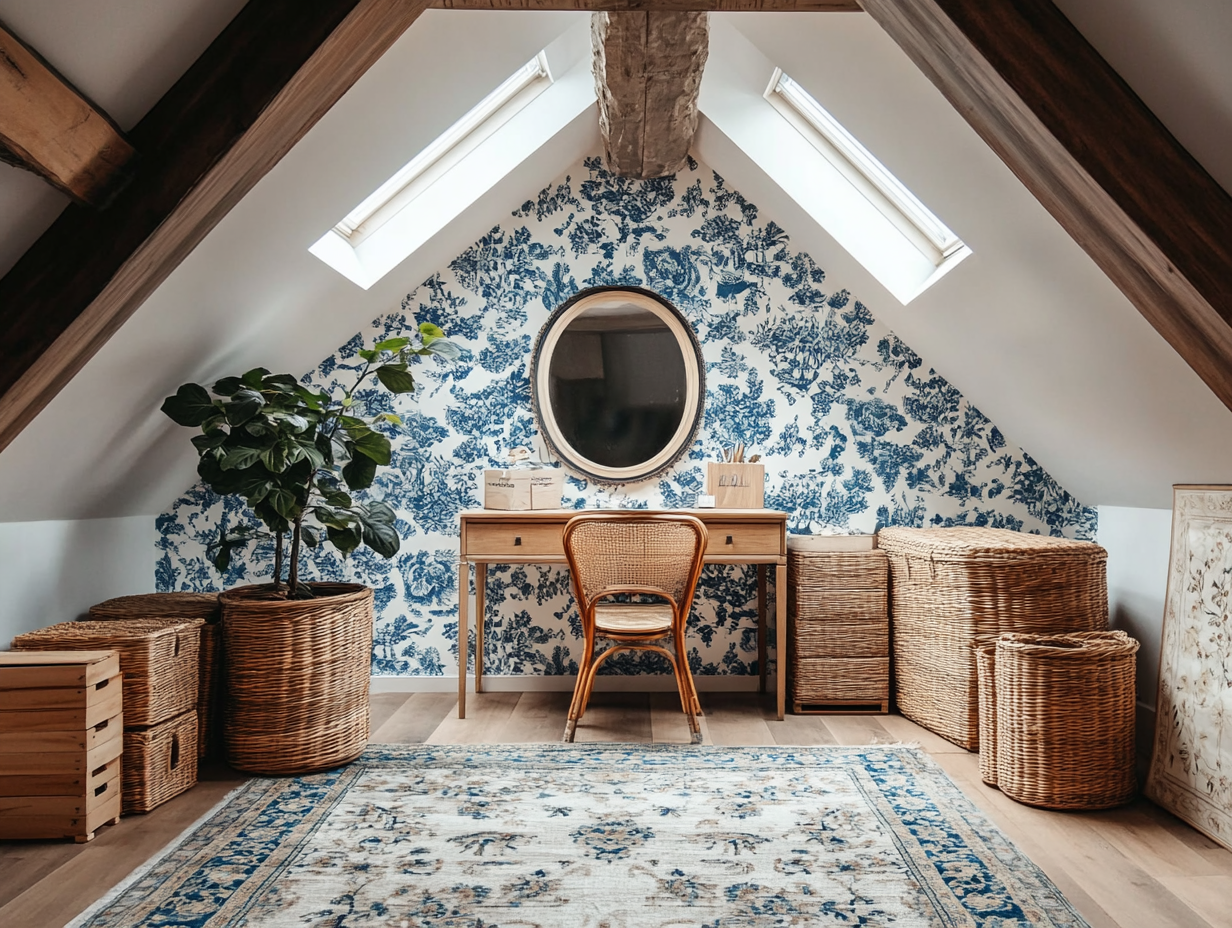 Cozy attic interior featuring blue and white chinoiserie wallpaper, a large rug, stacked wooden boxes in wicker baskets, a desk with an oval mirror above, skylights illuminating the space, and a nearby plant, showcasing modern interior design style, captured with a Canon EOS R5 camera.