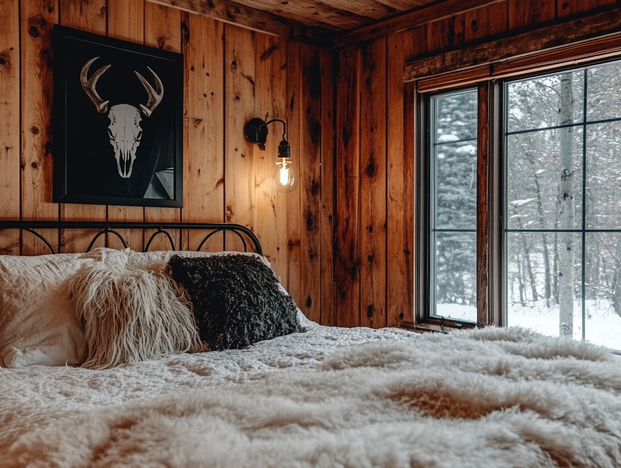 Cozy cabin bedroom with wooden walls and ceiling, featuring a vintage metal frame with an animal skull above the bed, soft warm lighting, fluffy white blanket, black poster frame on the wall, and snowy landscape visible outside the windows.