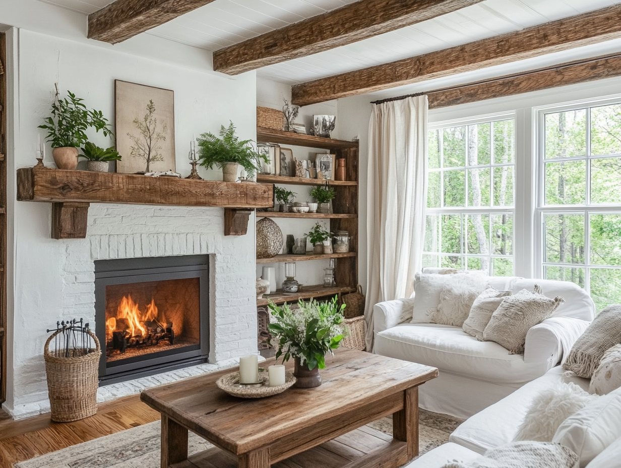 Cozy rustic living room with a fireplace, wooden beams, and white walls, featuring a vintage coffee table, green plants, and warm sunlight streaming through large windows, creating an inviting atmosphere.